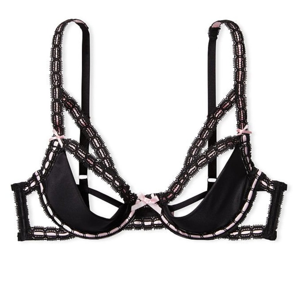 VS DREAM ANGELS Size 32D Ribbon Trim Ribbon Slot Open Quarter Cup Bra Black NWT